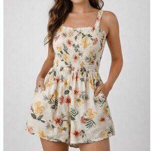 Hollister Floral Smocked Romper Boho Cottagecore Tie Back Summer Playsuit M